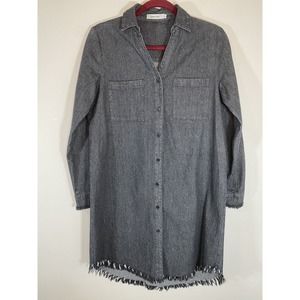 Francis Cabrel SMALL Faint Black Denim Collared Pockets‎ Frayed Hem Shirt Dress